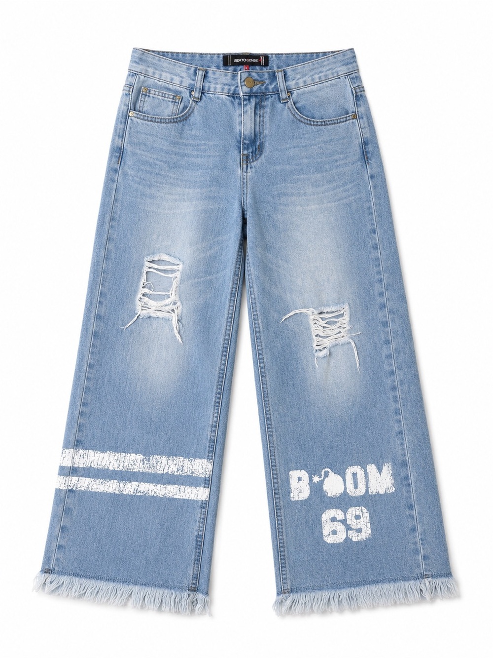 Light Blue Wide-Leg Distressed Jeans with Graphic Detail